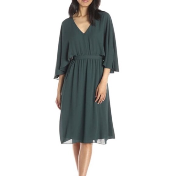 BCBGMaxAzria Brittni Chiffon Cape Dress Forest Green XS Split Back Wedding Guest - Picture 1 of 15
